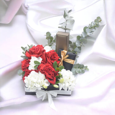 Elegant Charm Surprise Box, Red Rose, Hydrangea, Eucalyptus, Jewelry Set